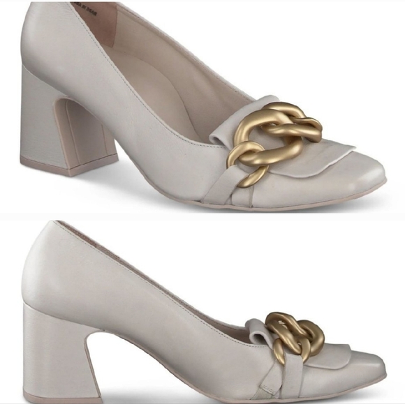 new Paul Green Ozzie Bold Gold Chain Accents Heels Pumps Color Nude